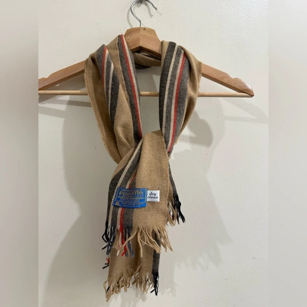 Pendleton Tan Wool Scarf with Black and Red Stripes